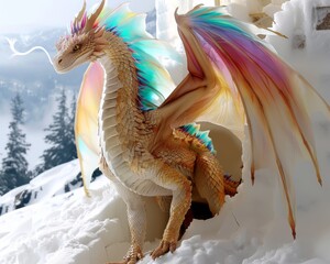 Majestic Mythical Dragon with Iridescent Wings Perched in a Snowy Landscape, Exuding Fantasy and Magic