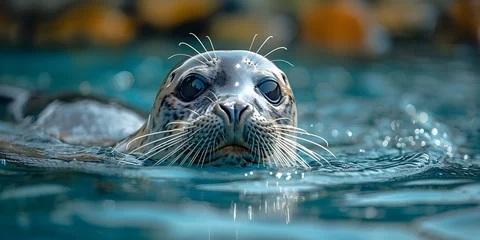 Fotobehang A seal swims in a pool of clean water at a rehabilitation reserve for common seals. Concept Wildlife Conservation, Marine Animals, Animal Rehabilitation, Nature Photography © Ян Заболотний