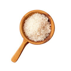 Fototapeta na wymiar Wooden bowl with white rice, staple food dish, on transparent tableware background