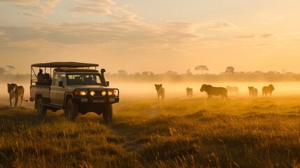 a safari vehicle stopped in the early morning mist, with passengers quietly observing a pride of lions, the fog adding a layer of mystique and reverence to the wildlife viewing experience. - obrazy, fototapety, plakaty