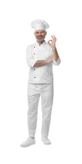 Happy chef in uniform showing OK gesture on white background