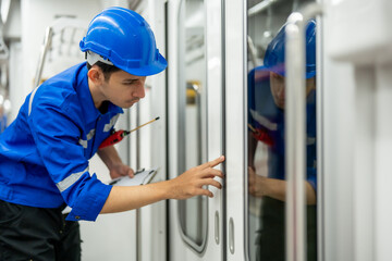 A focused engineer in a blue uniform and safety helmet is inspecting the train door mechanism with a tool.