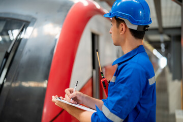 A railway engineer in a blue uniform and safety helmet is thoughtfully inspecting the exterior of a train with a