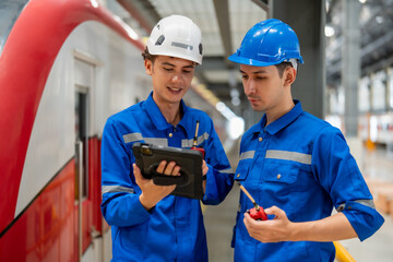 Two engineers in hard hats and blue uniforms are discussing train maintenance details on a tablet in a workshop. - obrazy, fototapety, plakaty
