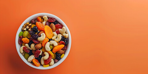  mixed nuts in bowl. Mix of various nuts on orange background. pistachios, cashews, walnuts, hazelnuts, peanuts and brazil nuts. - obrazy, fototapety, plakaty