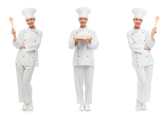 Chef in uniform on white background, set with photos