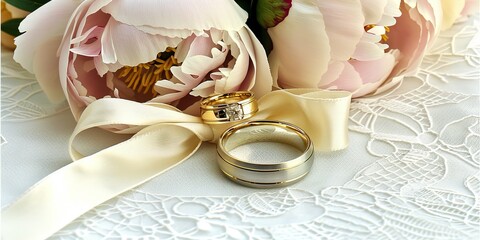 Romantic wedding rings and delicate pink flowers with satin ribbon, perfect for bridal themes, wedding announcements, and engagement celebrations