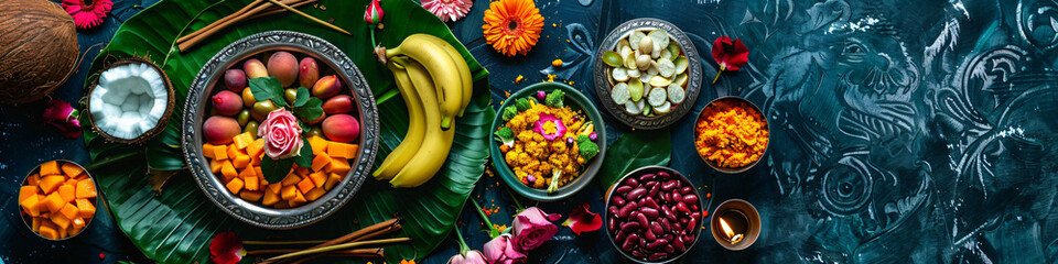 Assorted indian food set on dark background with flowers. Bowls and plates with different dishes of indian cuisine. Puja ceremony to worship. Diwali festival. Ugadi or Gudi Padwa celebration - obrazy, fototapety, plakaty