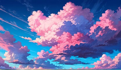 Fototapeta na wymiar Dramatic Cloudscape Anime – Dramatic clouds in blue and pink tones