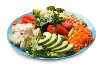 Balanced diet and healthy foods. Plate with different delicious products isolated on white
