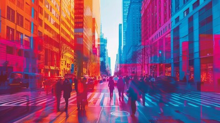 A bustling city street comes alive with bursts of neon hues - obrazy, fototapety, plakaty