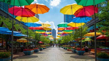 A vibrant city square buzzes with energy under a canopy of colorful umbrellas