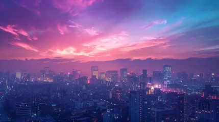 Photo sur Aluminium Skyline At dusk, the panoramic skyline is awash with ethereal pastels.