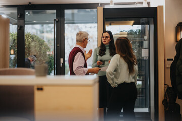 Three professionals engage in a casual business conversation in a well-lit office lobby, surrounded by contemporary decor and natural daylight.
