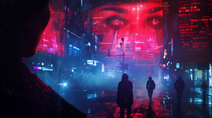 Obraz premium Cyberpunk Silhouettes Against a Futuristic Cityscape