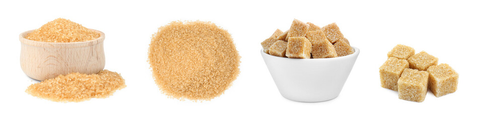 Brown sugar (granulated and cubes) isolated on white, set