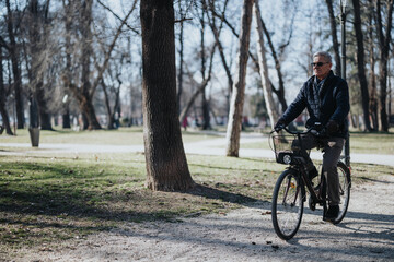 Fototapeta premium Active senior man enjoying a bike ride in a sunny park with trees.