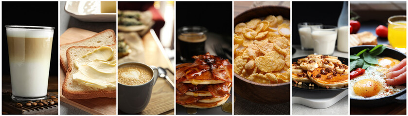 Assortment of tasty breakfasts. Collage with different meals and drinks
