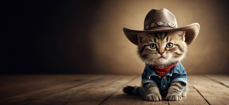 An adorable kitten wearing denim jeans and a cowboy hat