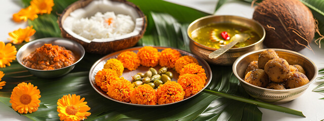 Assorted indian food set on light background with flowers and palm leaves. Bowls and plates with different dishes of indian cuisine. Puja ceremony to worship. Diwali festival. Ugadi or Gudi Padwa - obrazy, fototapety, plakaty