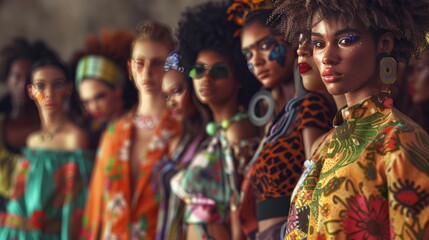 Create a fashion-forward scene featuring people of all genders, ethnicities, and styles. Imagine a runway where models proudly showcase diverse clothing designs, breaking stereotypes - obrazy, fototapety, plakaty