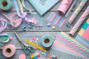 Pastel-Themed DIY Krafting Materials Layout on a Rustic Wooden Table