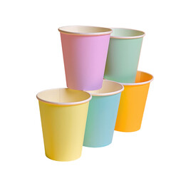 Five colorful cylindershaped paper cups stacked on a transparent background