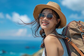 Happy young female tourists wear beach hats and sunglasses on holiday trips.