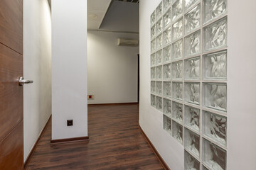 Fototapeta premium An empty office with dark wooden doors, glass brick walls, a ply in the middle of the hallway and reddish floor