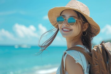 Happy young female tourists wear beach hats and sunglasses on holiday trips.