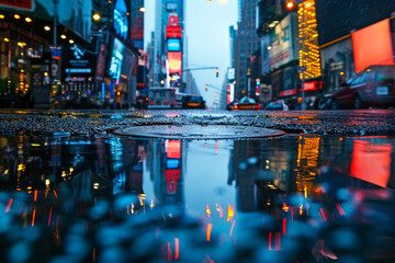 Rainy Day Reflections in the City: Puddles Reflect Lights and Shadows, Showcasing Urban Beauty from a Different Perspective