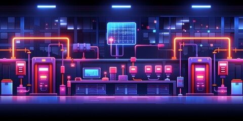Neon Lit Cyberpunk Server Room with Holographic Displays and Futuristic Technical Equipment