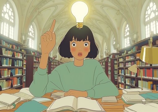 Stylized animated young woman in a library with a light bulb idea, great for modern educational visuals, creative thinking, and youth learning projects