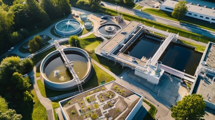 Creative aerial shot of a water treatment facility, representing the intersection of technology, environment, and innovation - obrazy, fototapety, plakaty