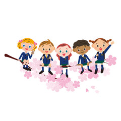 桜の枝に座る紺色の制服を着用している小学生の子供達のイメージ
