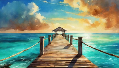 Old wooden pier over tropical waters - obrazy, fototapety, plakaty