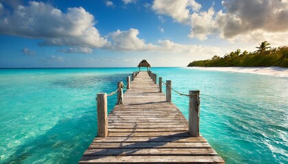 Old wooden pier over tropical waters - obrazy, fototapety, plakaty