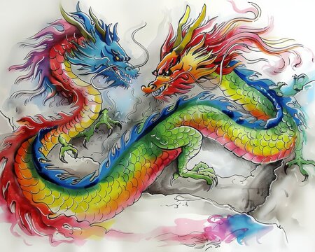 Captivating Watercolor Painting of Dueling Dragons in Vivid Colors, Embellishing Myth and Folklore