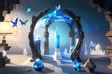 RPGゲーム背景モルフォ蝶をイメージした水晶門のセーブポイント魔法舞台
 - obrazy, fototapety, plakaty
