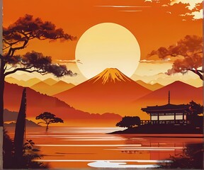 オリエンタル京都と桜のレトロ版画風イラスト	
 - obrazy, fototapety, plakaty