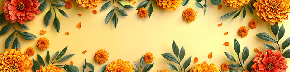 Obraz premium Orange and red marigold flowers on pastel yellow background. Chinese mid autumn festival. Toran Indian traditional decoration. Symbol of mexican holiday Day of dead. Happy Diwali