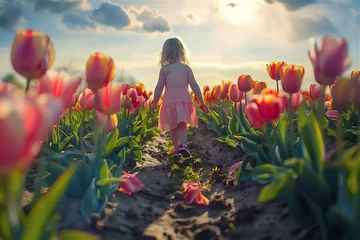 Tuinposter a little child girl walking happily in the middle of tulip flowers field © Maizal