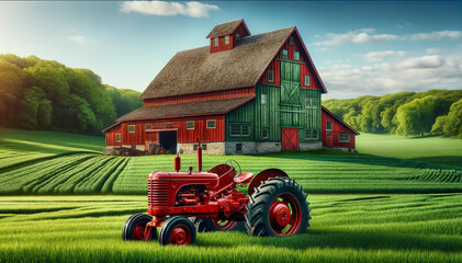 Traditional red and green barn surrounded by green fields with a red tractor parked outside....
