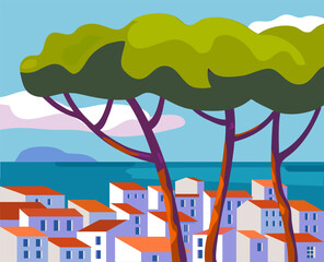 seaside town with red roofs flat style vector illustration