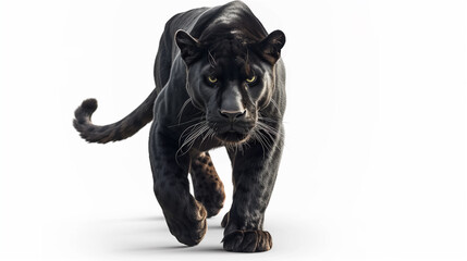 black panther walking, white background, wild, studio light