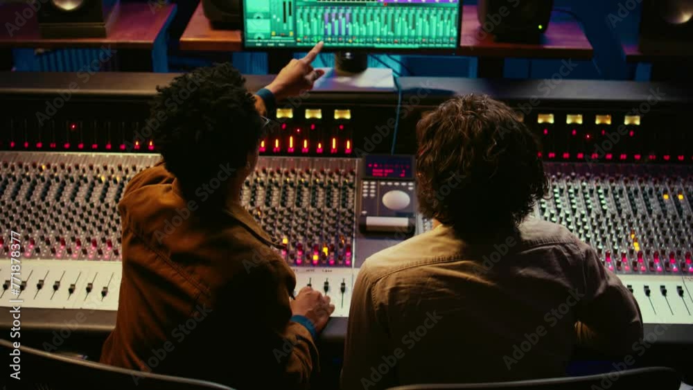 Poster Team of sound engineers working on recording and editing tracks in professional studio control room, collaborating on mix and master audio files. Musician and technician pressing sliders. Camera B.