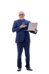 Old businessman holding laptop isolated on white