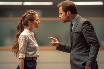 Imagem representando um chefe tóxico gritando e gesticulando em frente a funcionárias mulheres, criando um ambiente de trabalho hostil e intimidador