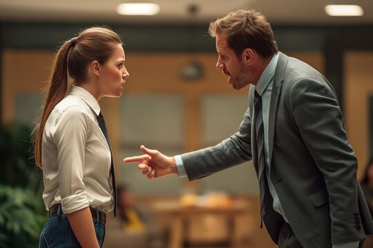 Imagem representando um chefe t&oacute;xico gritando e gesticulando em frente a funcion&aacute;rias mulheres, criando um ambiente de trabalho hostil e intimidador