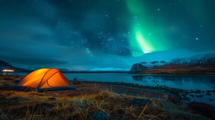 Set up a tent amidst the meadows by the river on a starry night with the Northern Lights.